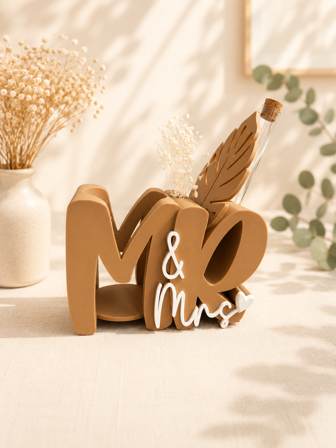 Mr & Mrs Geschenkset – dekorativer Getränkehalter mit Trockenblumen & Reagenzglas