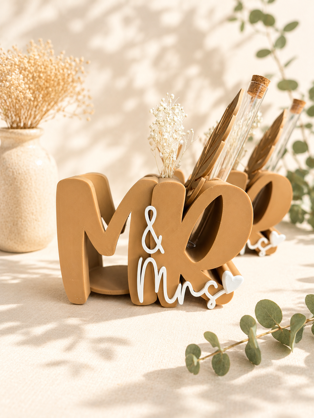 Mr & Mrs Geschenkset – dekorativer Getränkehalter mit Trockenblumen & Reagenzglas