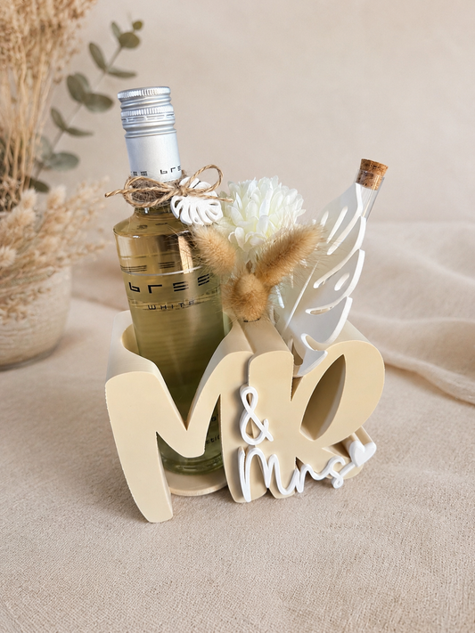 Mr & Mrs Geschenkset – dekorativer Getränkehalter mit Trockenblumen & Reagenzglas