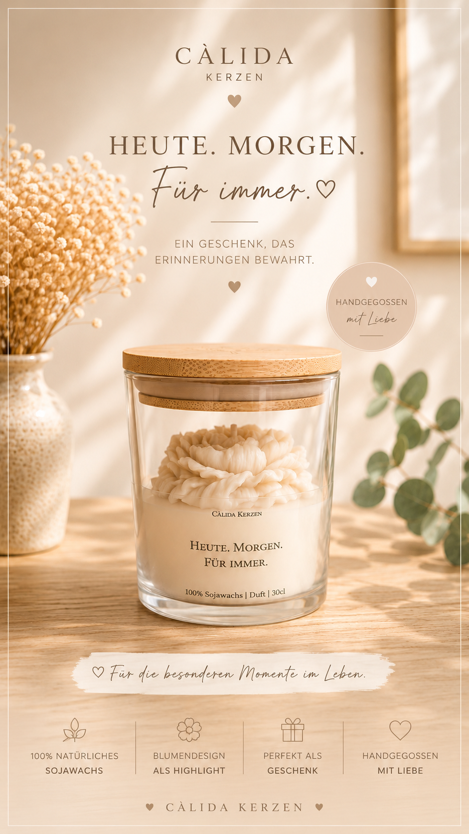 Duftkerze „Heute. Morgen. Für immer.“ – romantische Geschenkkerze aus Sojawachs